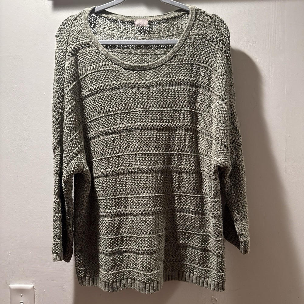Chicos Women Sweater XL Sage Green Gold Shimmer Drop Shoulder Scoop Pullover